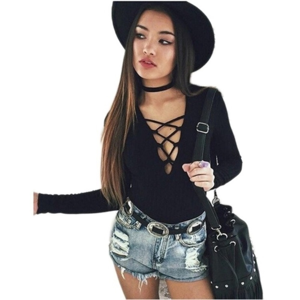 🆕 lace up v neck black sexy bodysuit